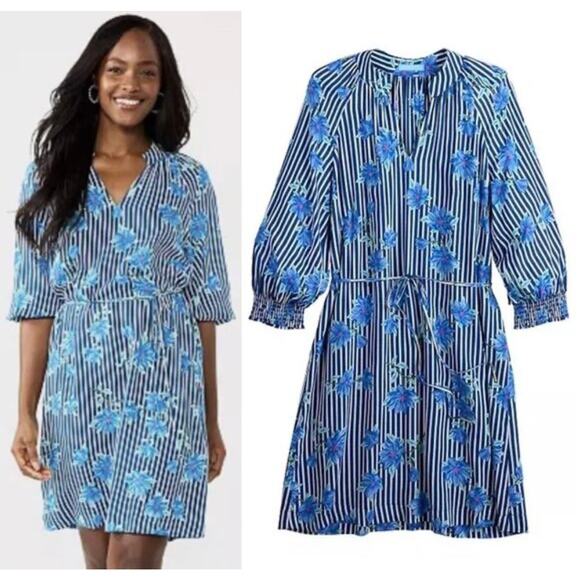 Draper James XS Blue Striped Floral Tie Waist Dress Cottagecore - Picture 1 of 9